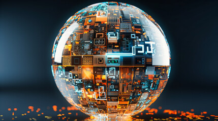 An abstract globe patterned with shifting, holographic QR codes, each representing different regions of digital influence - obrazy, fototapety, plakaty
