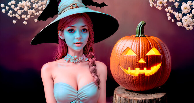 Halloween holiday. A woman in a witch costume and cap holds a pumpkin in front of her. with white flowers on the background, fantasy art. Generative AI