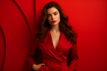 Fototapeta premium Young lady with red lipstick and wearing red dress smiling and having fun on isolated background