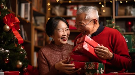 Joyful Senior Asian Couple Celebrating Christmas by the Tree. Generative AI
