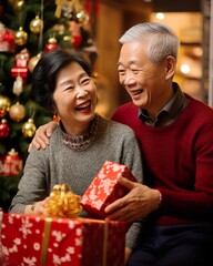 Joyful Senior Asian Couple Celebrating Christmas by the Tree. Generative AI