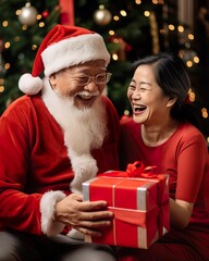 Fototapeta na wymiar Joyful Senior Asian Couple Celebrating Christmas by the Tree. Generative AI