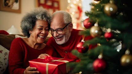 Senior Multi-Racial Couple Embracing Christmas Joy by the Tree. Generative AI