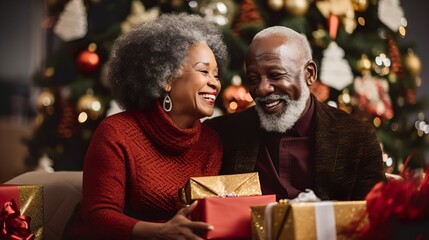 Senior Multi-Racial Couple Embracing Christmas Joy by the Tree. Generative AI