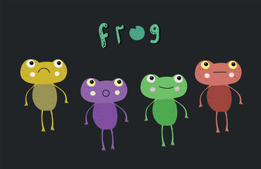 A set of different colored frogs expressing different emotions - surprise, joy, sadness, neutral state. Cool vector illustration. Frog is a character for web design, emoji, logo, book, interior... - 641688229