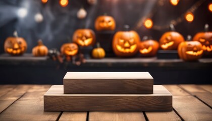 Halloween Empty Blank Wooden Podium Table Top Platform Stand with Spooky Orange Pumpkins Decorations and Glowing Lights Background Backdrop Mockup Product Presentation Advertisement Showcase Display 