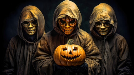 Discover the mystery behind the Haunted Trio holding a pumpkin. This chilling tale is brought to life through the power of Generative AI.