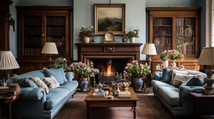 Fototapeta premium Cozy English living room with a fireplace