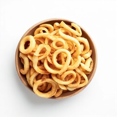 Flat lay of ring fries in bowl with copy space on white background
