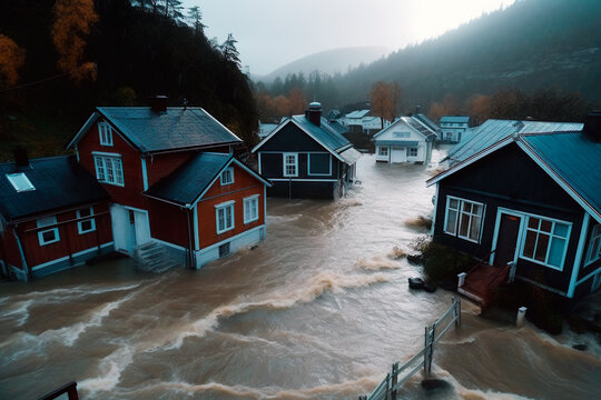 Aerial View of houses flooded caused by Climate Change, Town, City under water