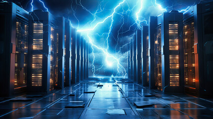 Electric bolts emanating from a server hub, illustrating the palpable energy produced by intense data processing and computations - obrazy, fototapety, plakaty