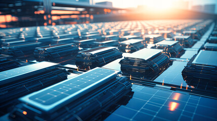 Obraz premium Solar panels absorbing both sunlight and digital information waves, reflecting the dual capacity for energy generation