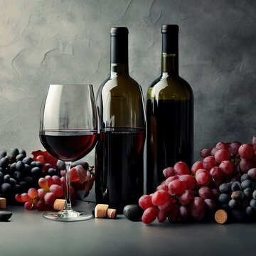 Wine and grapes on gray background