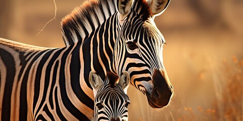 AI image. Zebra on the African savanna. Safari in Serengeti, Tanzania ,African zebras at beautiful orange sunset