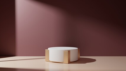 White empty podium or pedestal for product presentation, showcase of beauty and cosmetics product. Round mockup platform on burgundy background. 3d rendering