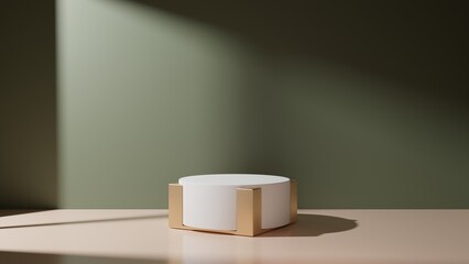 Green empty podium or pedestal for product presentation, showcase of beauty and cosmetics product. Round mockup platform on green background. 3d rendering