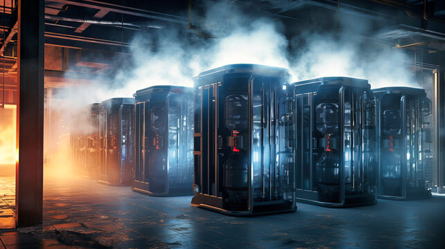 Cooling systems emanating a misty aura around towering server columns, highlighting the intense thermal management