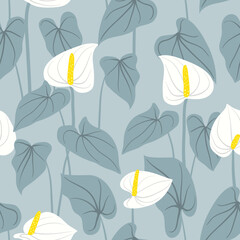 Seamless floral pattern in blue and white colors. Vector background with Anthurium flowers and leaves