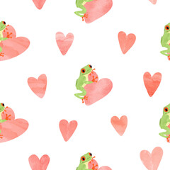 Cute tree frogs and watercolor hearts seamless pattern. Vector love background
