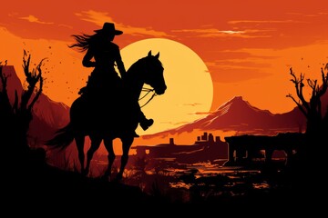 Silhouette of a cowgirl riding a horse equestrian illustration wallpaper - obrazy, fototapety, plakaty