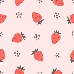 Seamless strawberry pattern. Vector summer background with red berries and stars