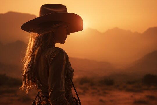 Silhouette of a cowgirl wearing a hat western movie cover art