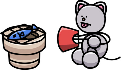 七輪で魚を焼くにゃんまるのイラスト　猫
