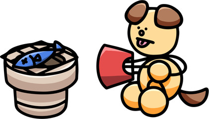 七輪で魚を焼くわんまるのイラスト　犬
