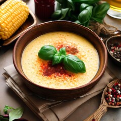 Homemade corn creame soup with spices and basil in a bowl on the table vertical view