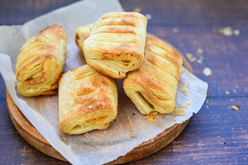 Fresh baked home made  Mini cheese puff pastries.Cheese pie with phyllo pastry and herbs