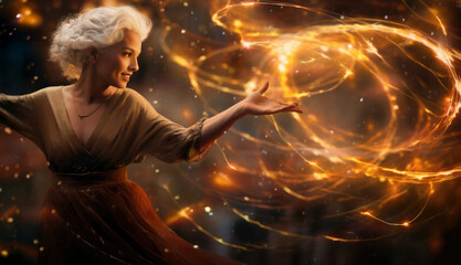 Witch fantasy woman halloween background, she casts a spell of fire magic. - obrazy, fototapety, plakaty
