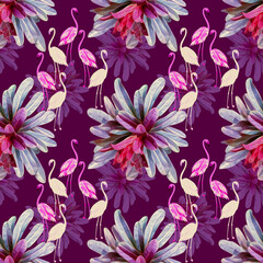 Vector - Flamingo birds with exotic flowers seamless pattern.