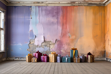 Multi-colored wrapped presents with flaking paint wall background.
