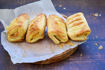 Fresh baked home made  Mini cheese puff pastries.Cheese pie with phyllo pastry and herbs