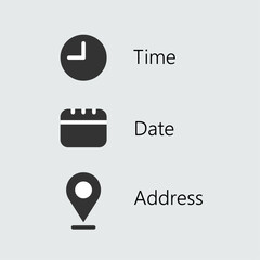 Calendar clock, time, address, location symbol. Time, date, location address icon set. Business sign vector design stock illustration