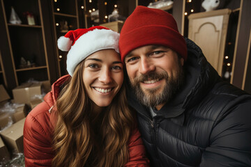 Beautiful couple taking selfie at home waiting christmas day - Generative AI