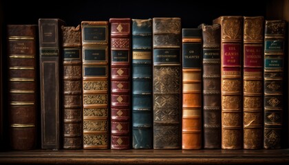 Photo of a row of books on a wooden shelf