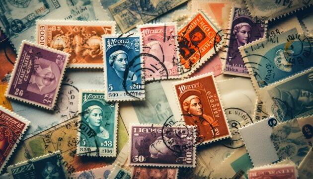 Photo of a colorful collection of stamps spread out on a table
