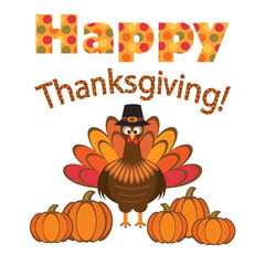 Vector illustration of Happy Thanksgiving celebration with cartoon turkey bird and pumpkins, greeting card, invitation, decoration.