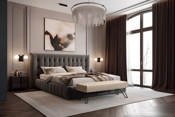 Art-deco style bedroom interior with modern bed in luxury house.