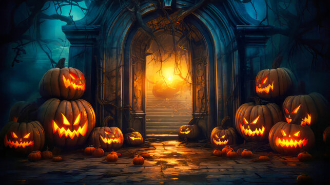 Discover the allure of foreboding in our photo of a dark building entrance ominously adorned with pumpkins. Capture the essence of a spine-chilling Halloween atmosphere 