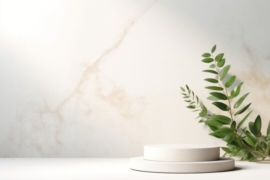 Light minimal geometric background with pedestal mock up generative ai