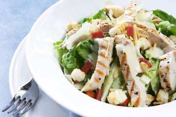 Sumptuous Chicken Salad in a White Bowl on a Vibrant Blue Plate: A Tastefully Presented Meal Ready to Savor