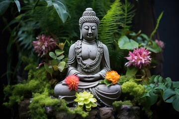 Ancient stone sculpture of Buddha with plants and live flowers