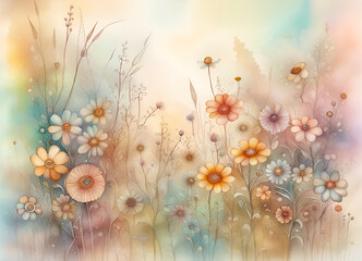 Watercolor wild flowers background. Blooming meadow on soft pastel background. Floral botanical herbal texture. Amazing digital illustration. CG Artwork Background
