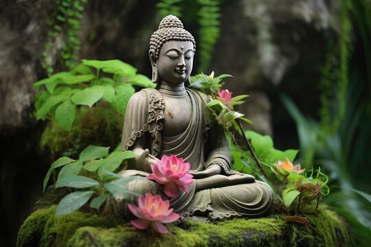 Ancient stone sculpture of Buddha with plants and live flowers