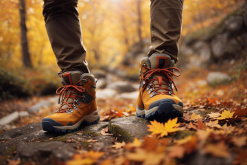 秋のトレッキング　登山する足元