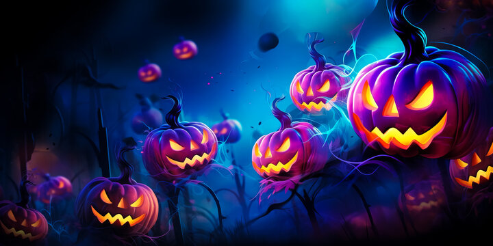 cartoon illustration of Jack o lantern pumpkins in a scary dark foggy forest, Halloween concept