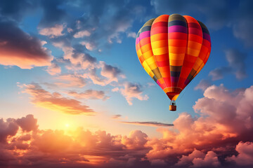Fototapeta na wymiar hot air balloon in the sunset evening sky and pure cloud copy space