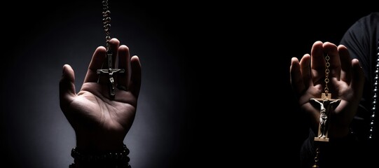 Hands praying while holding a rosary, close-up of holding a cross necklace, praying to God in the darkness.
